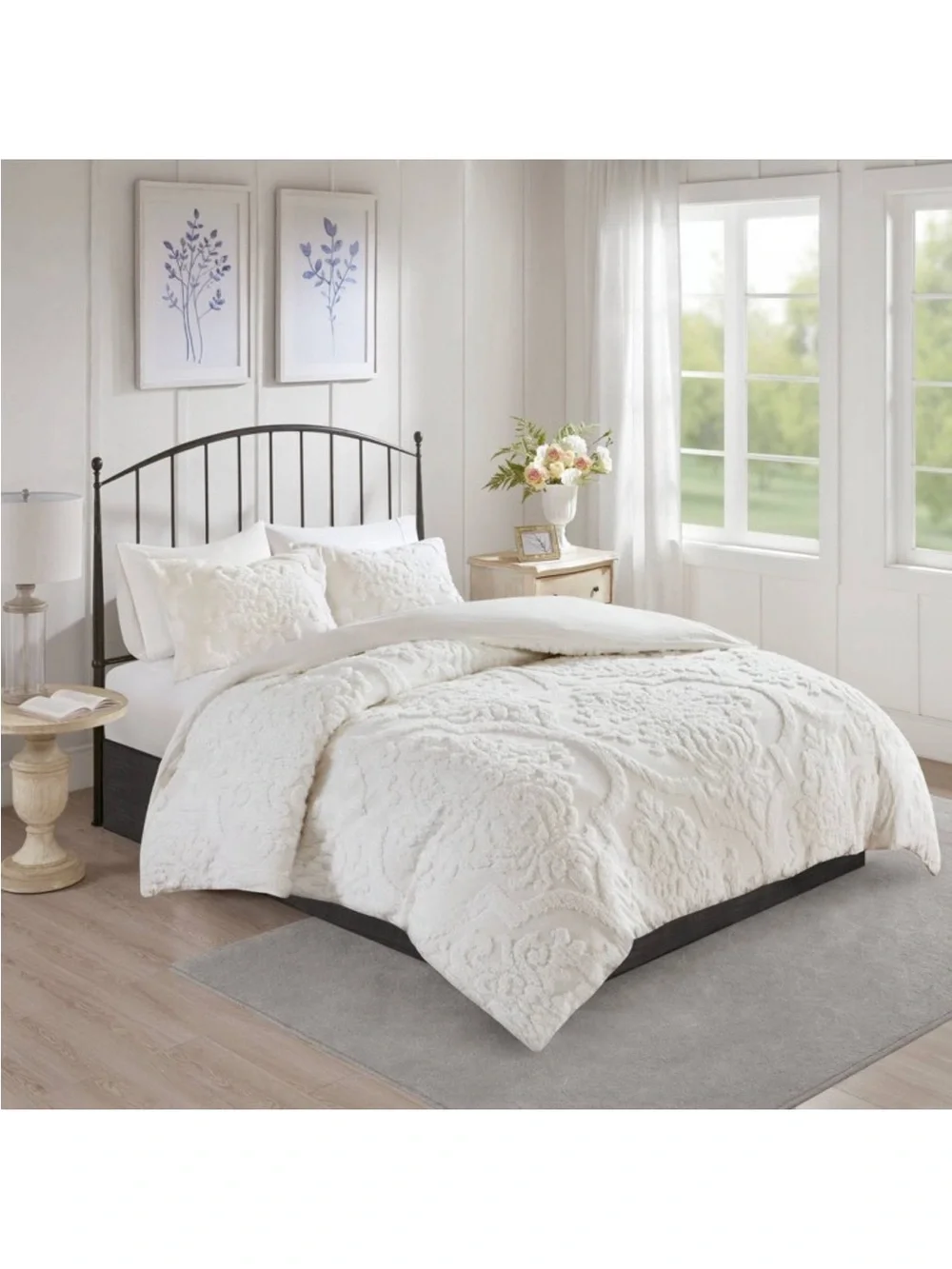 3pc Full/Queen Eugenia Cotton Damask Com forter Set White